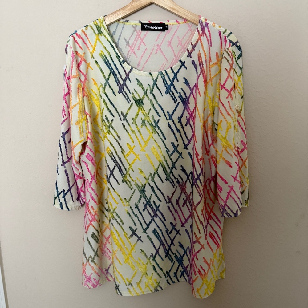 Creation Colorful Textured Blouse Tunic Burnout Artsy Button Sleeve Women’s 1X - Picture 1 of 5